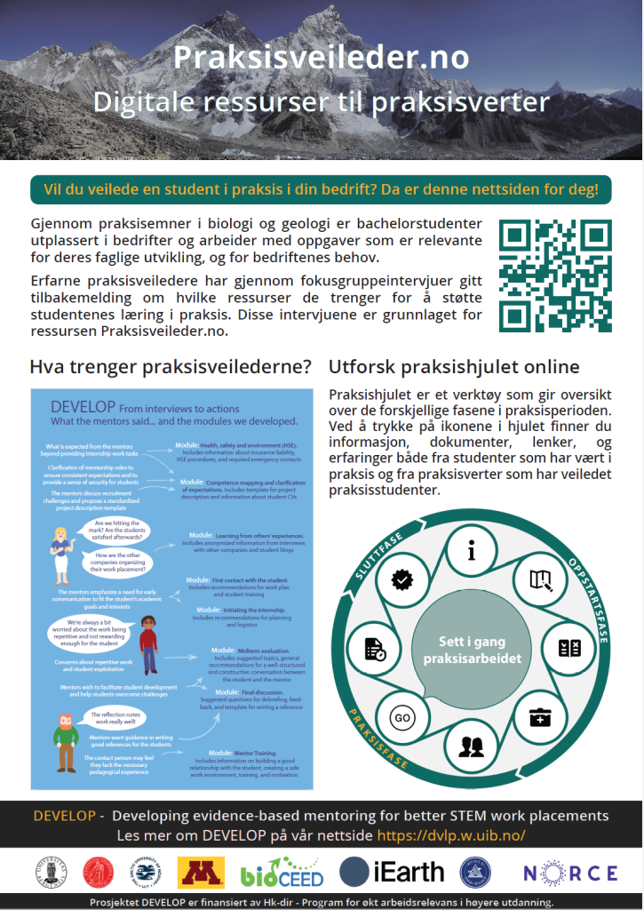 Praksisveileder.no - Digitale ressurser til praksisverter - Gjennom praksisemner i biologi og geologi er bachelorstudenter utplassert i bedrifter og arbeider med oppgaver som er relevante for deres faglige utvikling, og for bedriftenes behov. Erfarne praksisveiledere har gjennom fokusgruppeintervjuer gitt tilbakemelding om hvilke ressurser de trenger for å støtte studentenes læring i praksis. Disse intervjuene er grunnlaget for ressursen Praksisveileder.no.